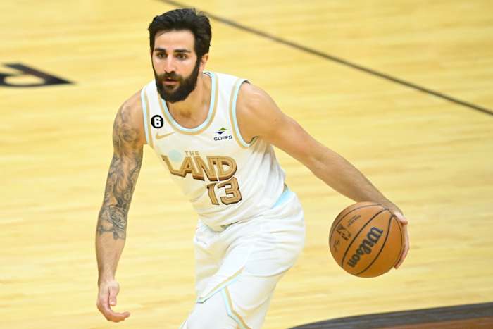 Jan 31, 2023; Cleveland, Ohio, USA; Cleveland Cavaliers guard Ricky Rubio (13) brings the ball up court in the fourth quarter against the Miami Heat at Rocket Mortgage FieldHouse.